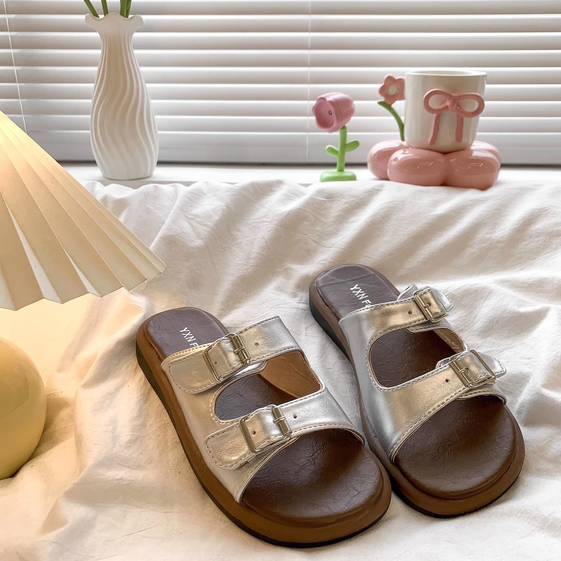 Size 35-43 Large Size Women's Double Row Button Slide Sandals, Summer New Fashion French Style Casual Slippers 41
