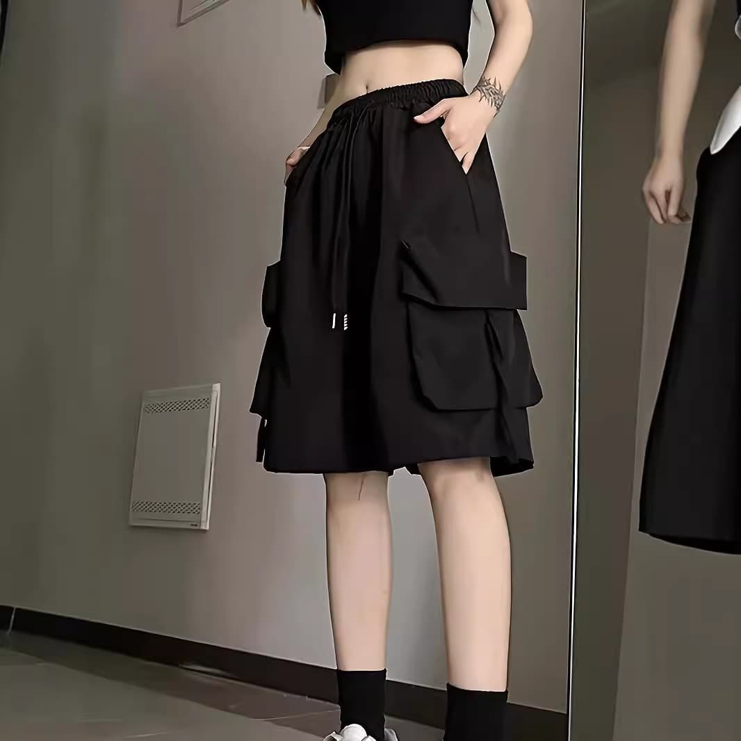 Y2K Summer Casual Black Workwear Comfortable Elastic Waist Tie Sports Wide Leg Pocket Shorts Women's Wear