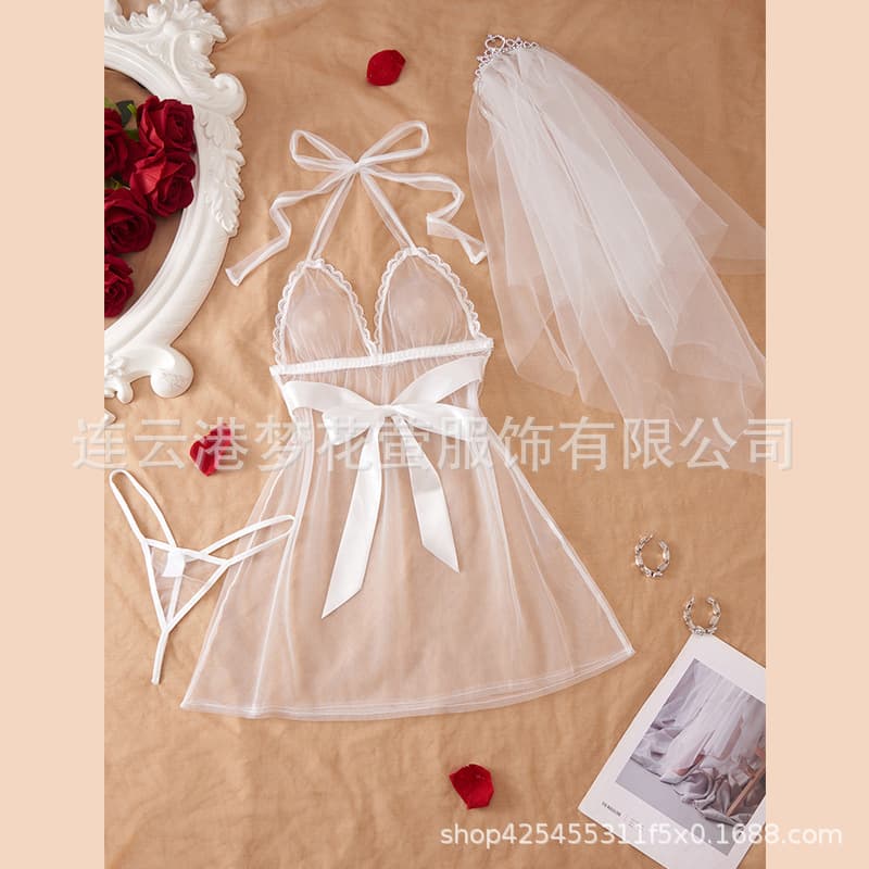 European American New Lingerie Bride Strap See-Through Crown Veil Nightgown Passion Backless Sexy Pure Desire