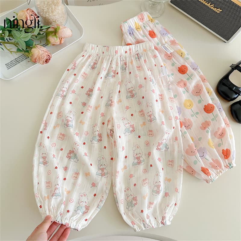 Ningli Girls Summer Thin Mosquito-Repellent Pants, Toddler Girls' Elastic Hem Pants, Kids' Cartoon Print Loose Air Conditioning Pants, Cropped Pants