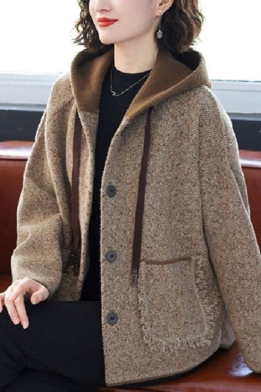 New Double-Sided Loose Fashion Wool Coat for Middle-Aged Mothers in Autumn and Winter, Plus Size Chic Casual Hooded Cardigan Coat