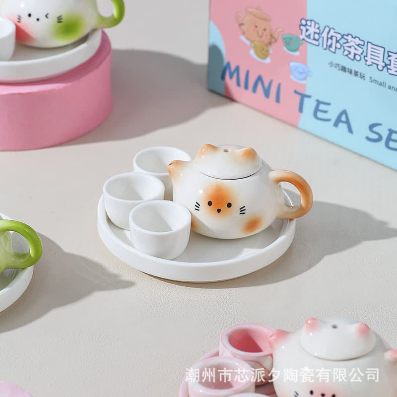 Children's Ceramic Simulation Tea Set - Super Cute Emoji Cat Ear Teapot for Parent-Child Interactive Pretend Play