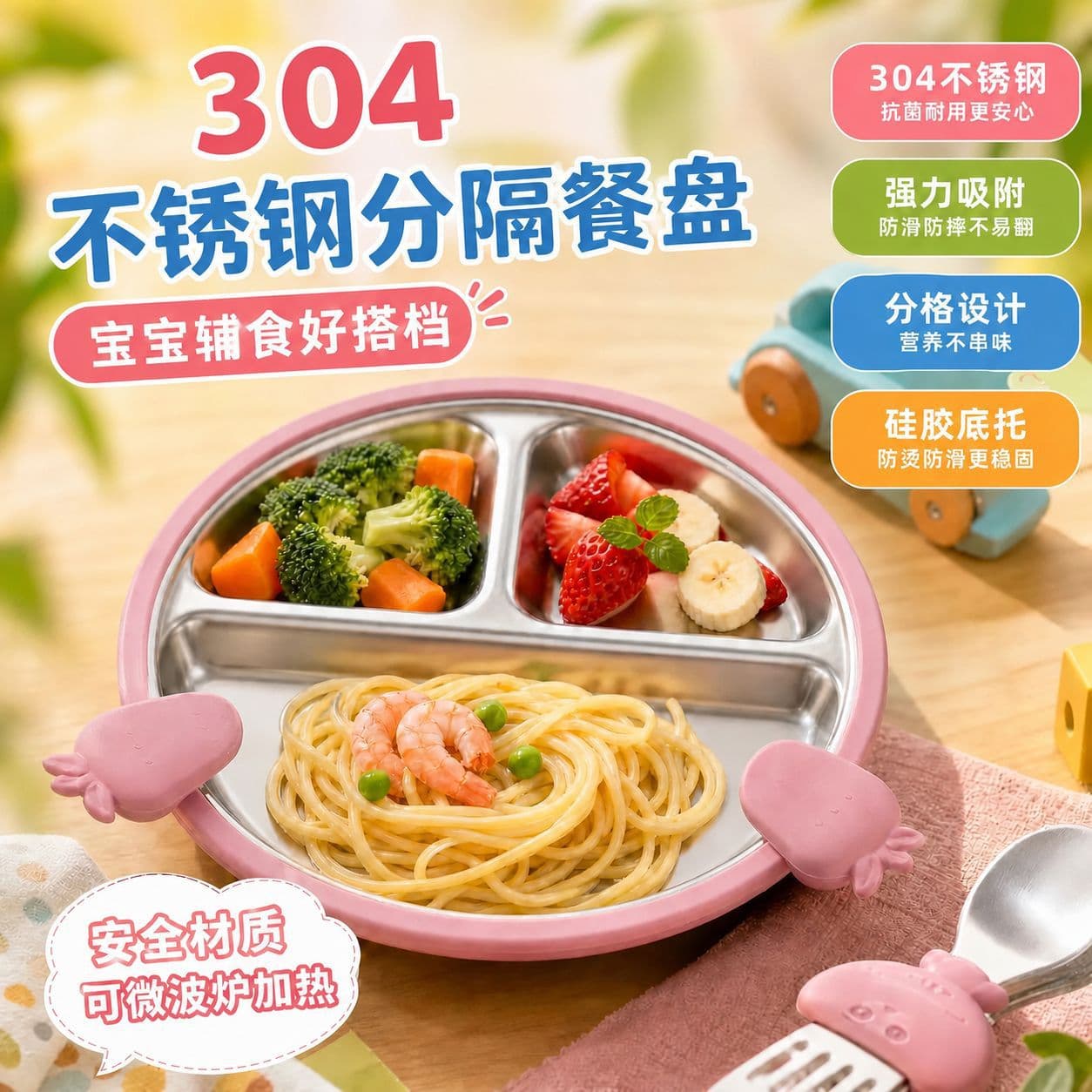 Silicone 304 Stainless Steel Plate Anti-Drop Silicone Base Tray Baby Food Feeding Utensils Infant Special