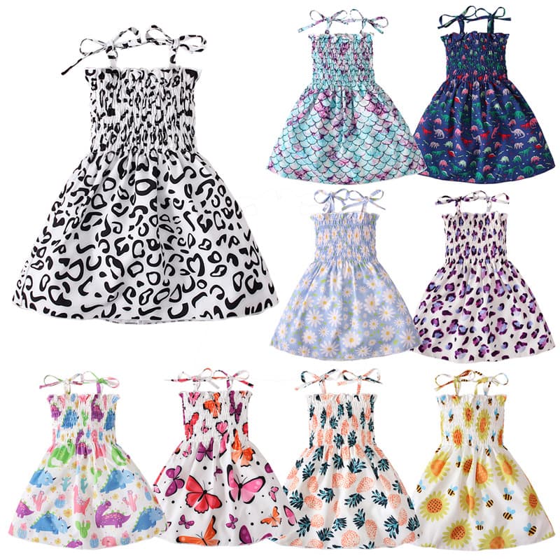 Girls European American Summer Style Pineapple Butterfly Dinosaur Leopard Print Sleeveless Spaghetti Strap Tube Dress