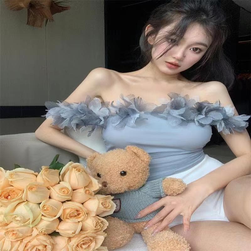 Sheer Sexy 3D Floral One-Shoulder Strap Camisole Top for Women, Thai-Style Blue Short Fitted Pleated Top, Outerwear
