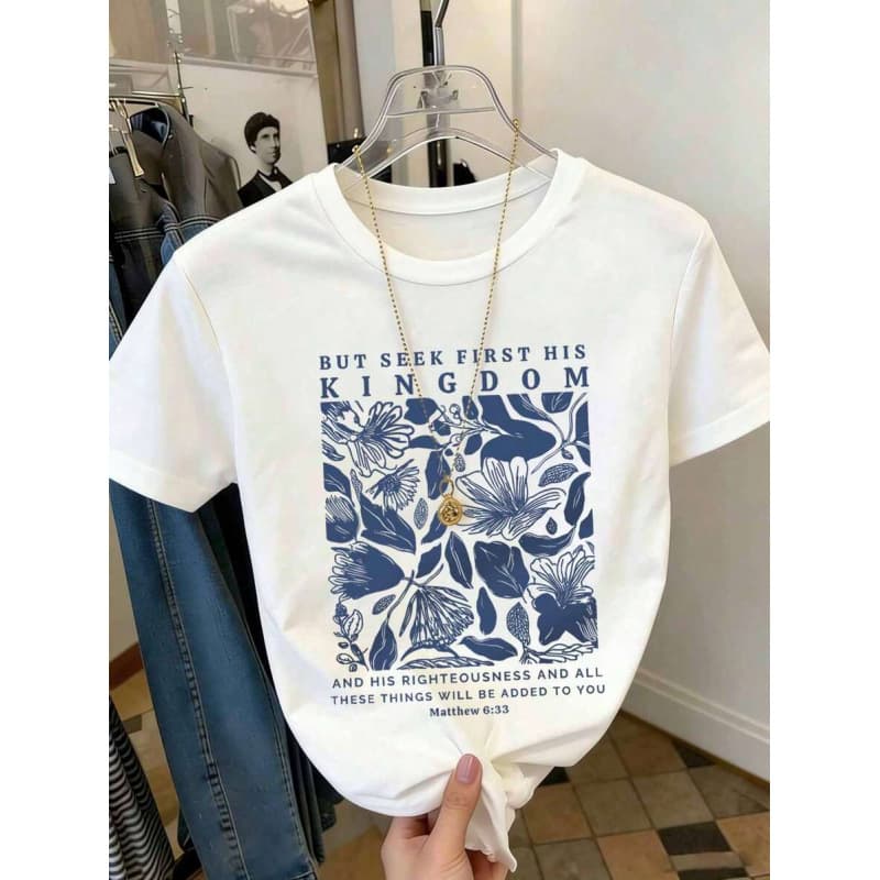 European Size Pure Cotton Resyla Floral & Letter Print Graphic Crew Neck Short