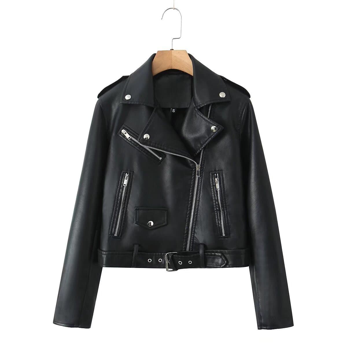 European and American cross-border PU leather jacket for women, street fashion motorcycle style with diagonal zipper and pocket trim, faux leather coat