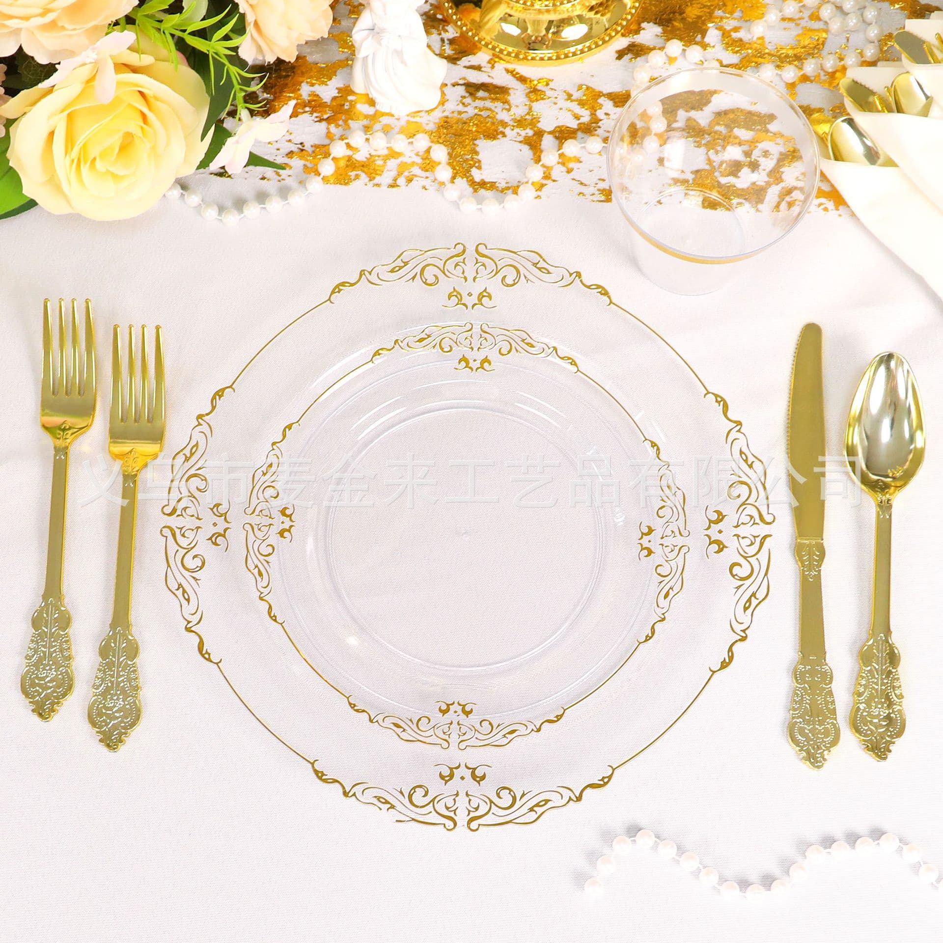 Transparent Hot Stamping Disposable Plastic Plate, Cross-Border Hot Selling Dragon Pattern Lace Plate, Retro Embossed Western Dinner Plate Tableware Set