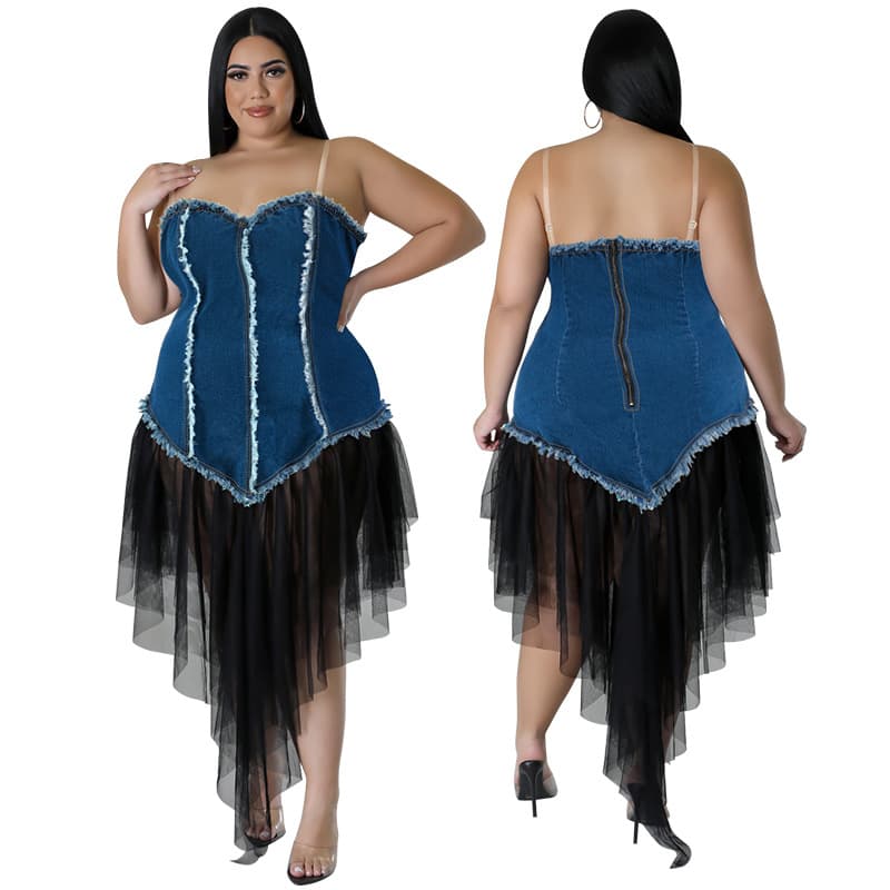 218376 Cross-border European and American Plus Size Camisole Off-Shoulder Women's Dress Denim Stitching Mesh Skirt Wholesale from Factory Source