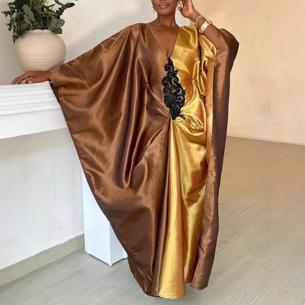 African-style V-neck color-blocked dress, lace-trimmed satin loose-fitting banquet casual robe (Bubu dress)