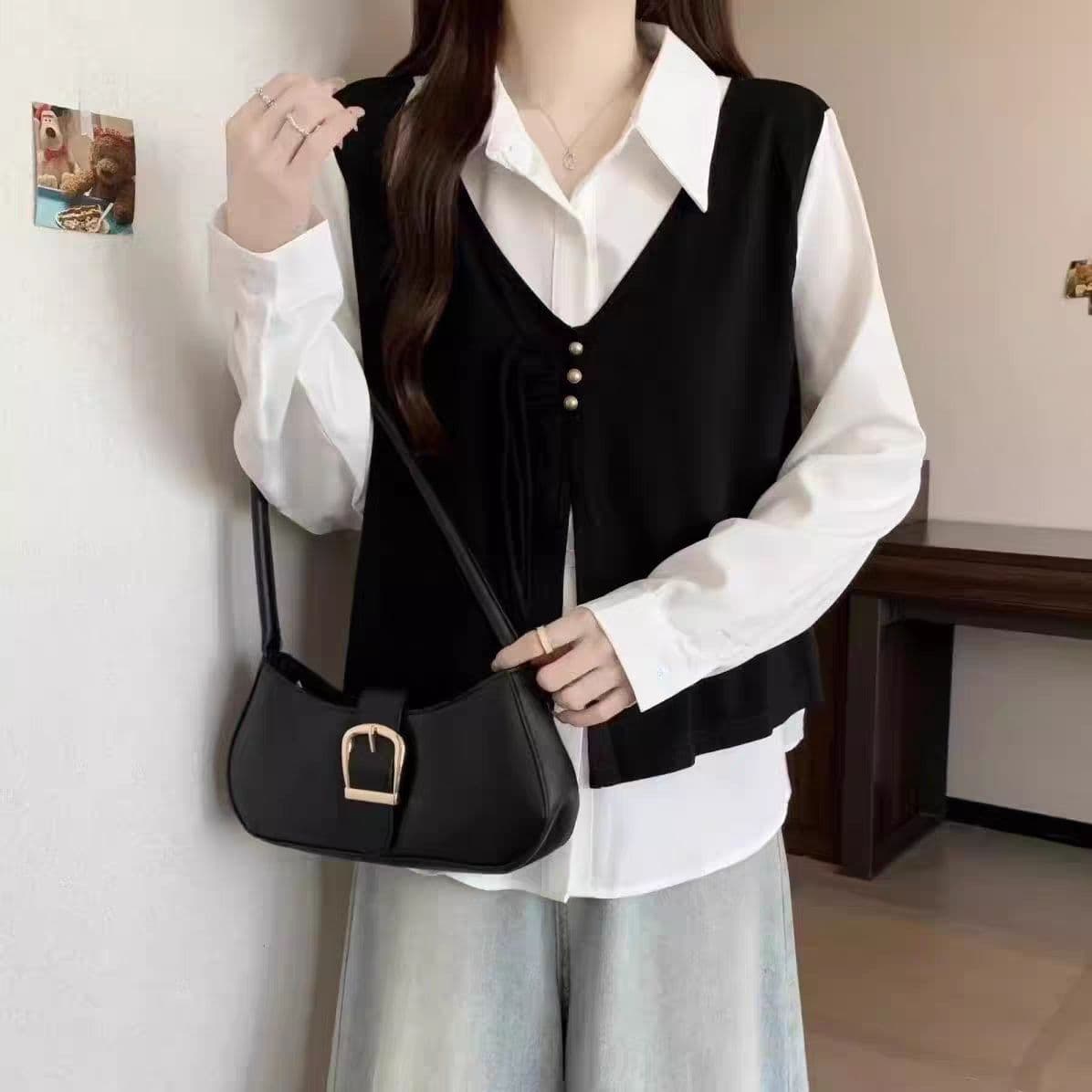 Plus size fat mm small fragrant style spring and autumn tops women's vests fake two-piece new shirts autumn style long-sleeved tops trend