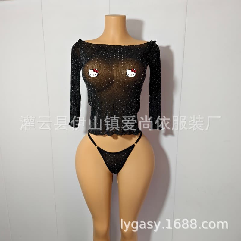 Cross-border European and American sexy underwear, sexy see-through diamond one-shoulder home adjustable underwear, hot girl set for outer wear