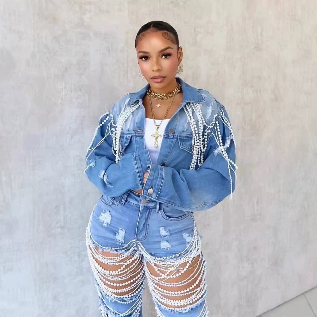 2025 Amazon Independent Station Bestselling Export Denim Jacket Women Fashion Pearl Chain Hand-Studded Denim Coat