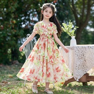 Little Girl Cool Beach Chiffon Dress, Girls' Summer Short Sleeve Dress, Seaside Vacation Stylish Versatile Princess Dress