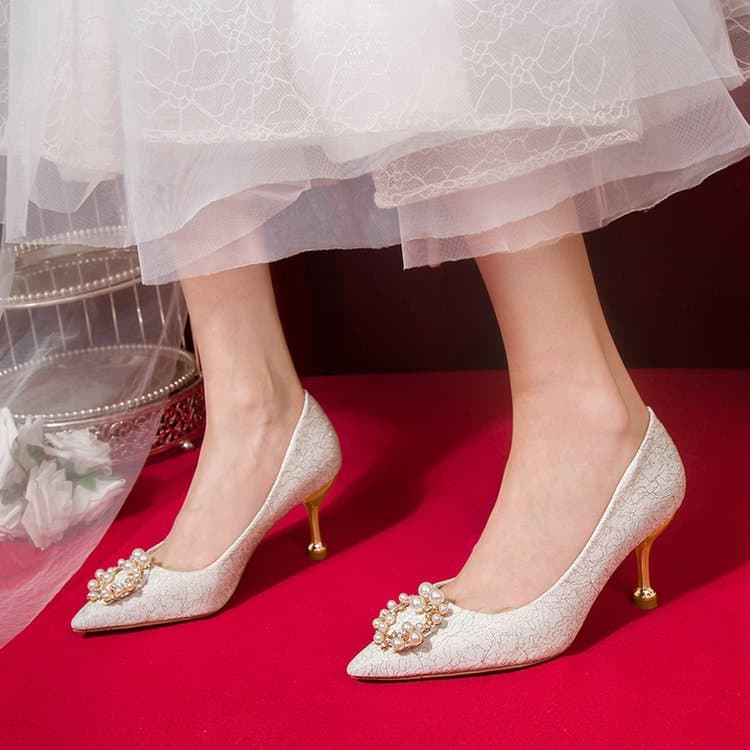 2023 Spring/Autumn New Wedding Shoes for Women, Stiletto Mid Heel Pointed Toe High Heels, Fashionable and Versatile Bride Shoes for Wedding Photos