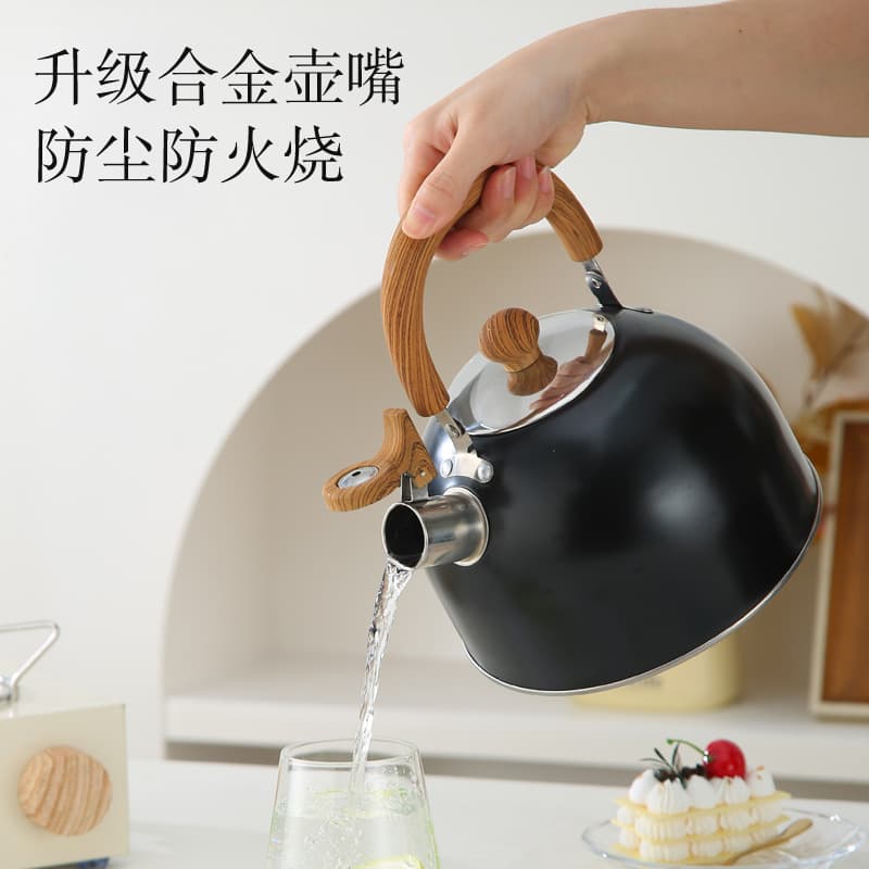 Cross-border whistling kettle, non-magnetic stainless steel with wood grain handle, flat-bottom black whistling kettle for induction and gas stoves