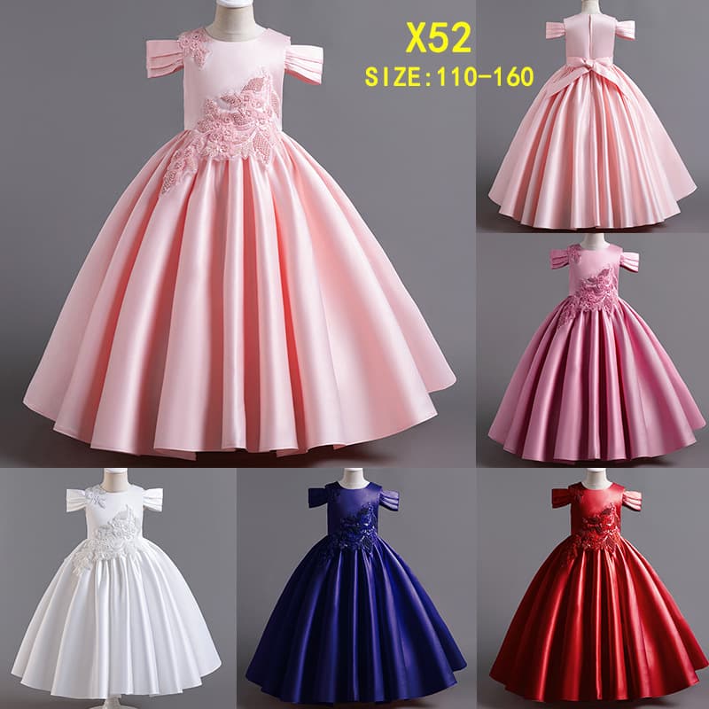 Cross-border Children's Long Princess Dress Satin Light Luxury Dress Party Girl Birthday Host Performance Costume