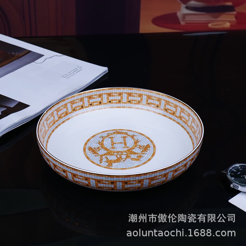European Light Luxury Gold Horse-Drawn Carriage Series Bone China Tableware 2-Piece Deep Bowl Soup Plate Gift Box Set Household Steaming Plate Wholesale