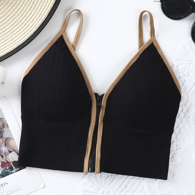 Front Strap Deep V Zip Backless Crop Top Comfortable Breathable Wirefree Running Yoga Push Up Sports Bra for Women