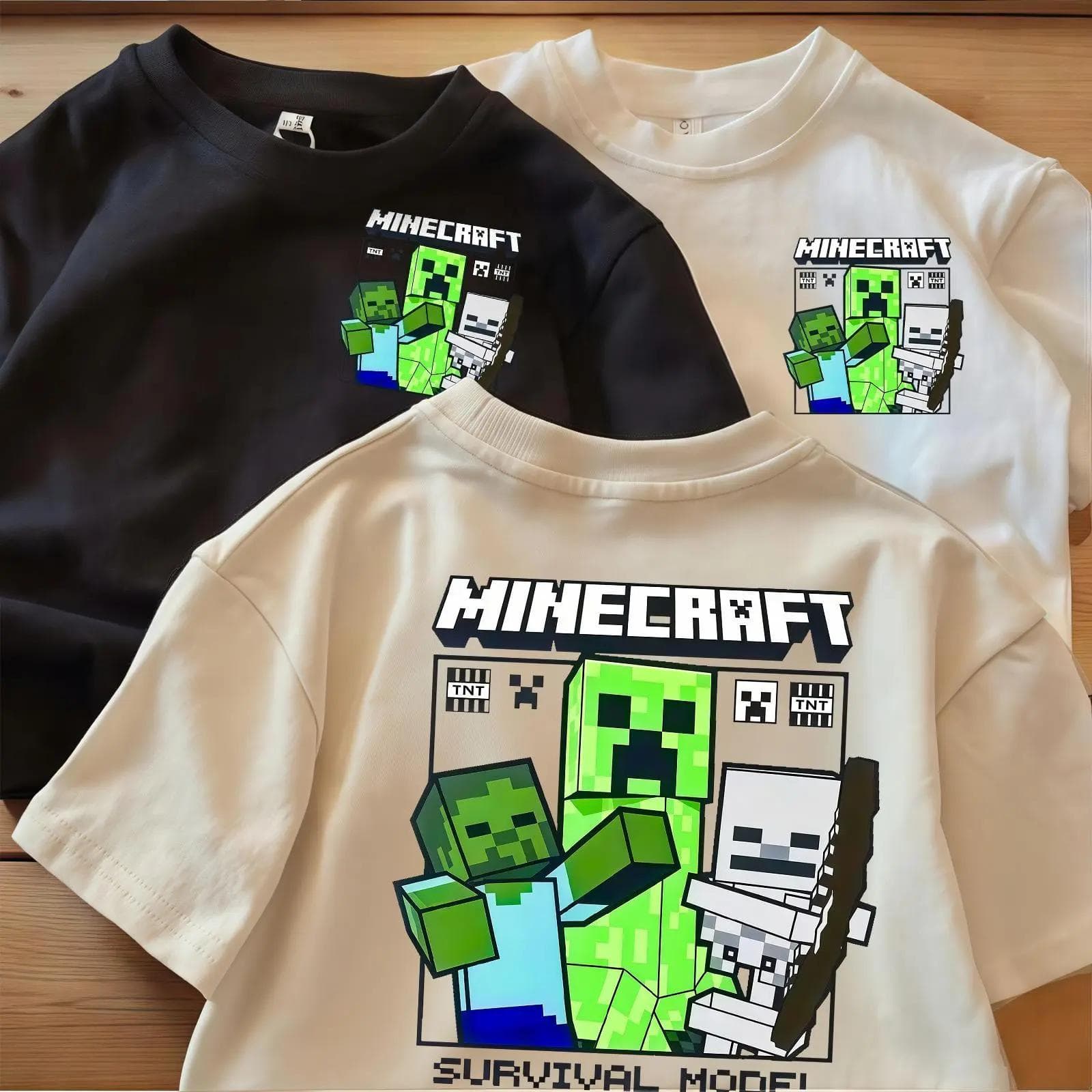 Children's Clothing 2026 Summer New Minecraft Game Theme Cartoon Print Solid Color Casual Short Sleeve Top