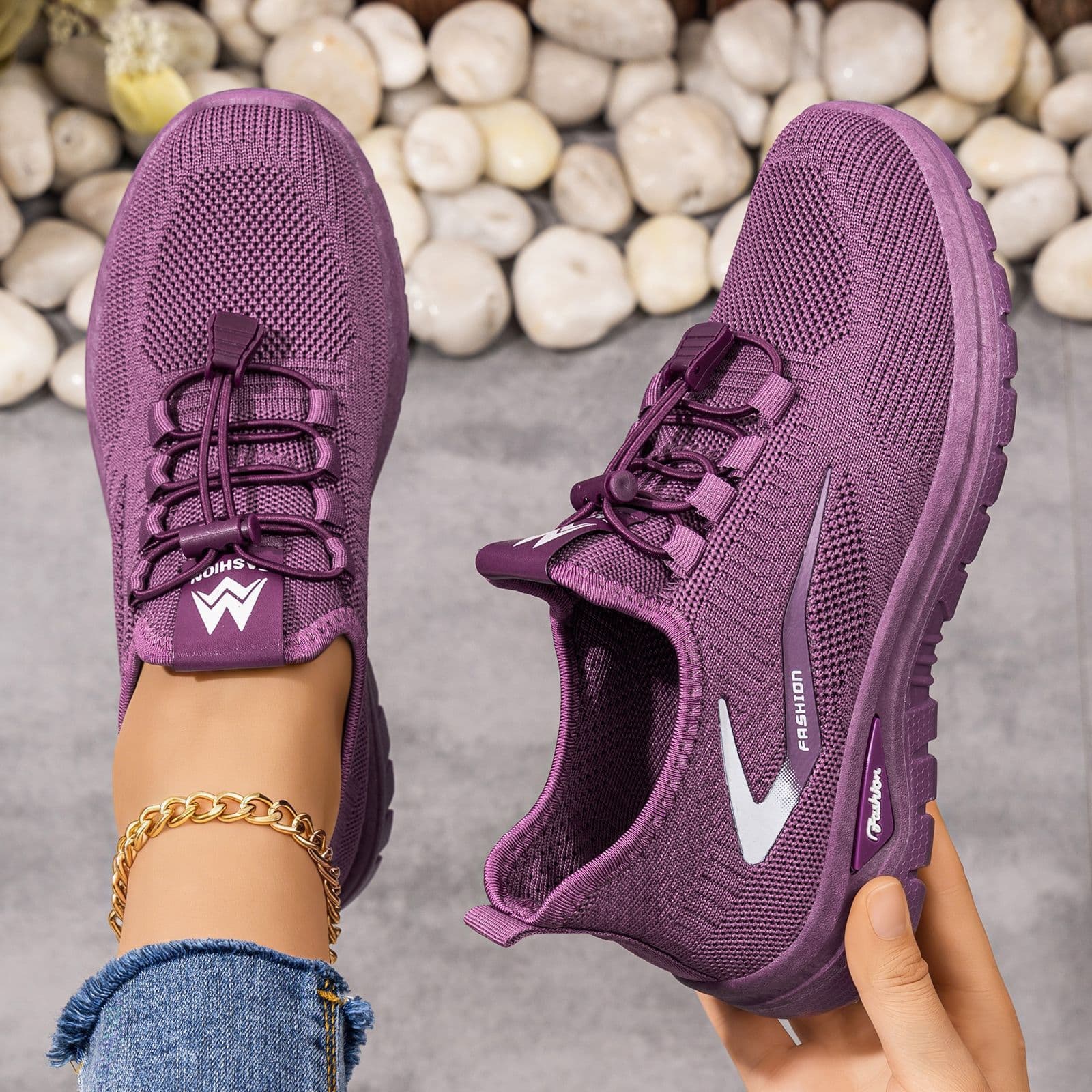 Cross-border Large Size Women's Casual Shoes, Solid Color Versatile TEMU Outdoor Sports Shoes, Women's Flats, Flyknit Shoes