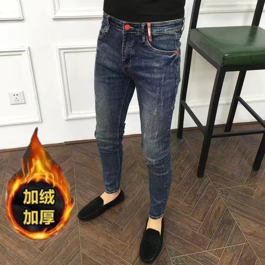 Men's Fleece-Lined Jeans 2025 New Autumn and Winter Trendy Slim Fit Tapered Pants American Retro Washed Cropped Pants