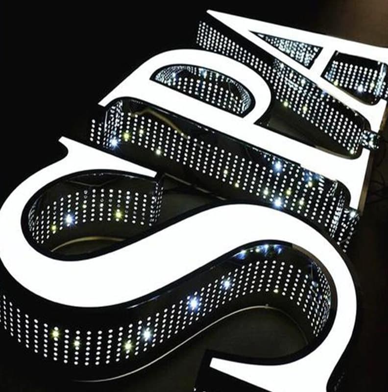 LED Dot Matrix Side-Punched Stainless Steel Trim Glowing Sign, High-Brightness Outdoor Acrylic Storefront Signage