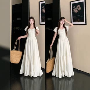 Plus Size Women's Summer Sweet Style Solid Color Square Neck 3D Floral Long Dress Waist-Cinching A-Line Dress