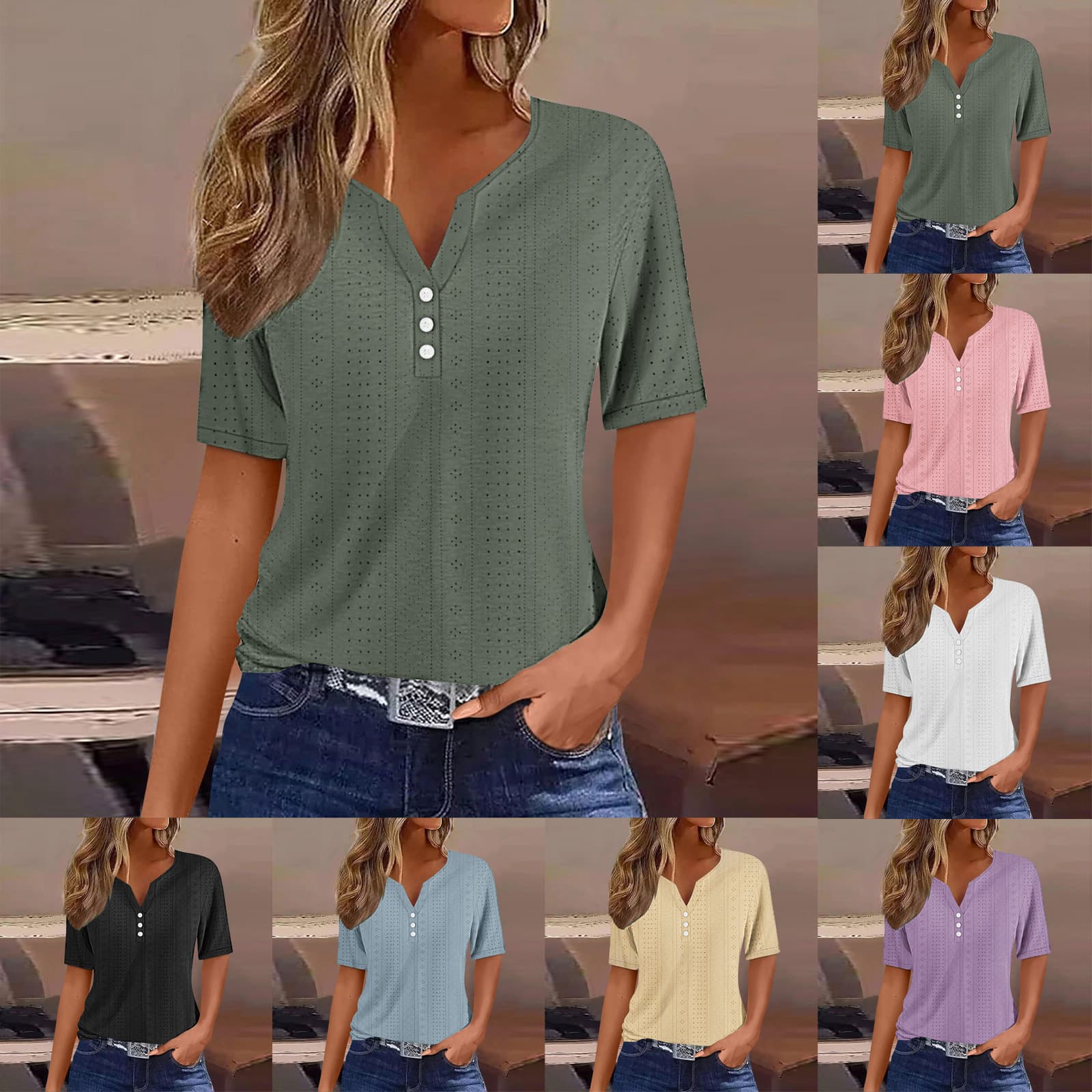 Cross-border European and American Women's Summer Top Vacation Fashion Casual Loose Comfortable V-neck Jacquard Hollow Short-sleeved T-shirt