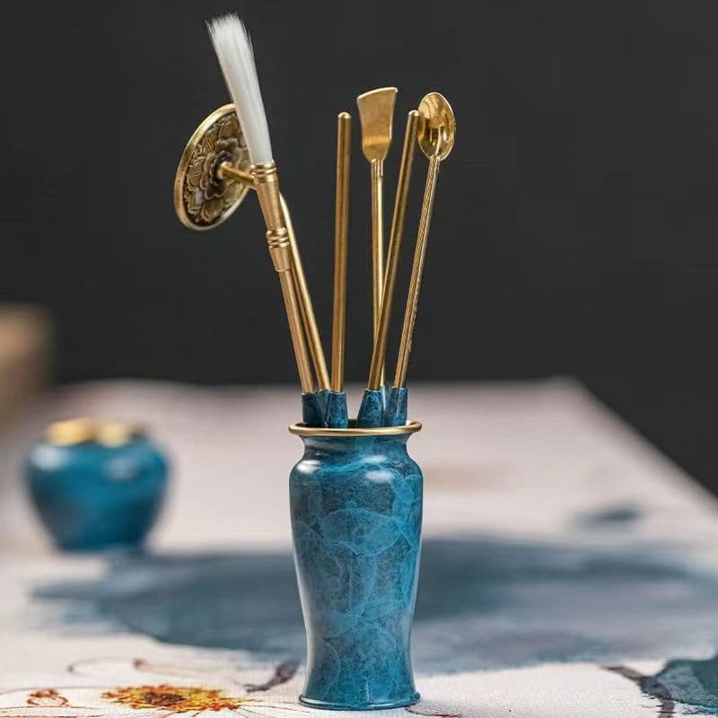 Brass Incense Ceremony Tools: Seal Powder Jar, Ceremony Bottle, Ash Press, Brush, Shovel, Chopsticks, Spoon, Manufacturer Wholesale Set