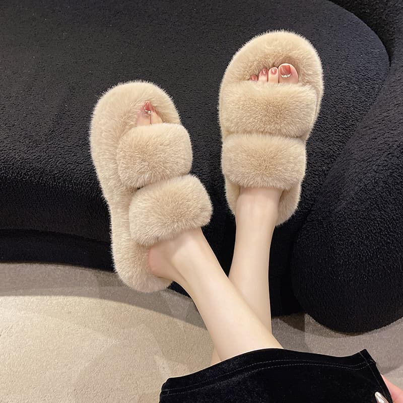 Large Size Thick Sole Furry Slippers for Women 2023 New Fashion Double Strap Thick Flat One-Letter Outdoor Warm Furry Shoes