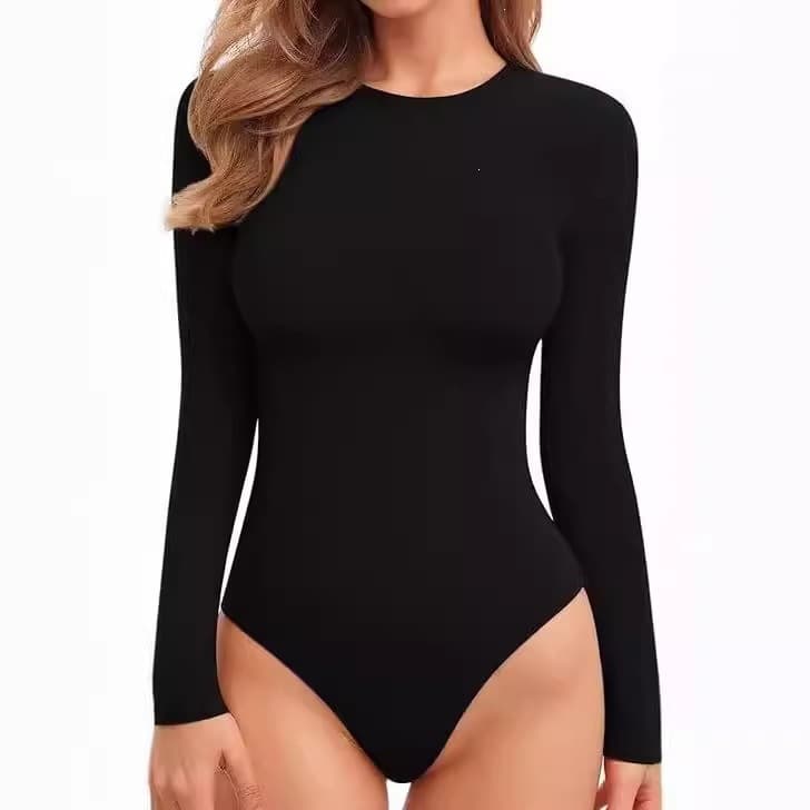 European and American round neck long-sleeved one-piece women's slim fit seamless bottoming shirt high elastic tight basic inner top