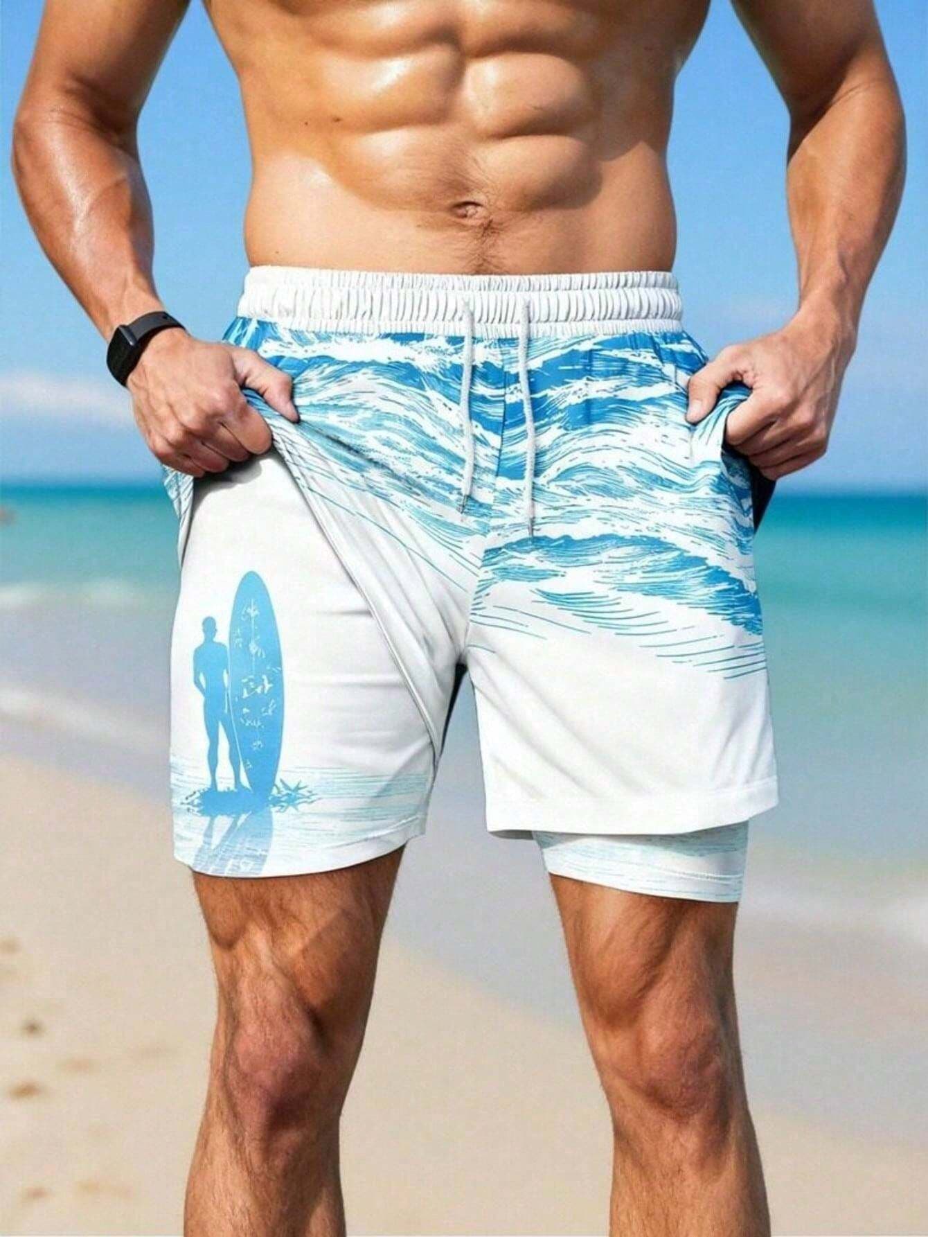 Cross-Border Summer European and American Men's Beach Shorts Sports Print Double-Layer Shorts Product Upgrade Pocket Drainage