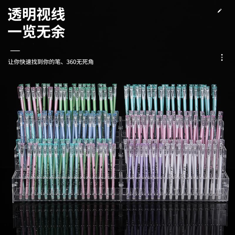 Acrylic pen holder display stand, tiered shelf, transparent display stand for stationery stores with perforated push-button pens, ballpoint pens, and gel pens.