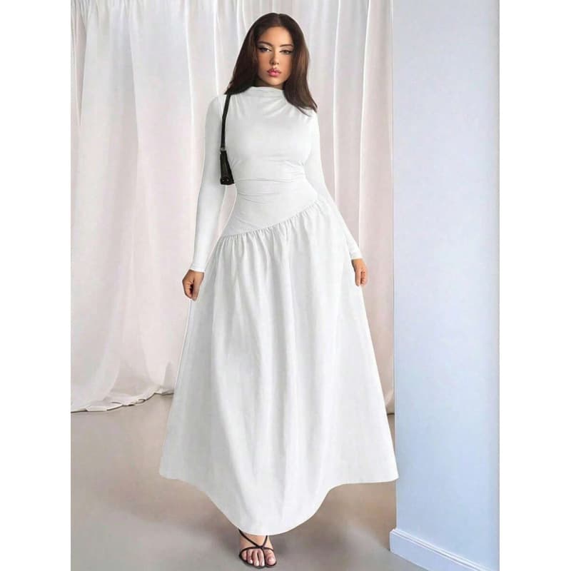 Cross-border Amazon US/EU 2026 Fall New Arrival Elegant Stand Collar Jacquard Patchwork Long-Sleeve Slim-Fit Maxi Dress