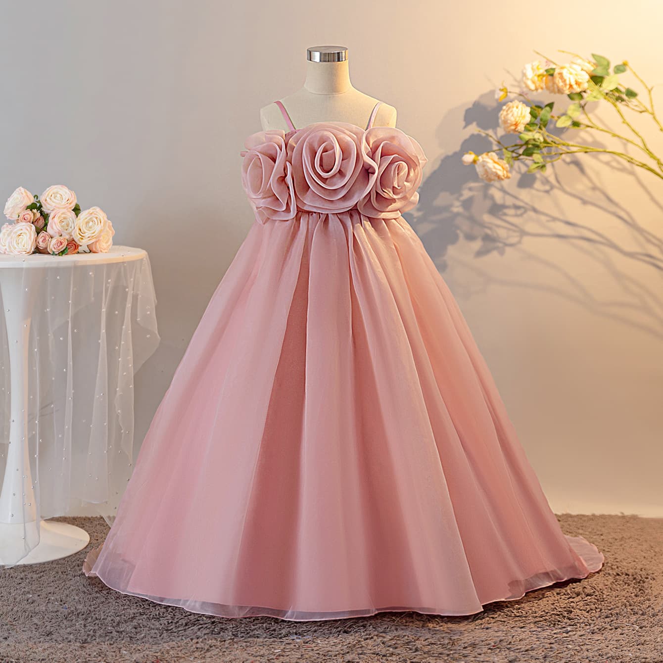 New European and American style big girl formal dress, sleeveless, with 3D large flower mesh skirt, fluffy princess dress, party gown