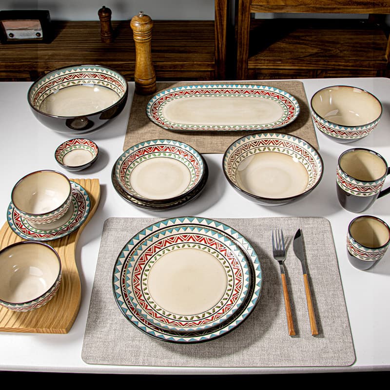 European Underglaze Color Rui Grid Plate Bowl Set, Kiln Change Glaze Relief Western Dinner Plate Rice Bowl Water Cup Fish Plate Noodle Bowl Custom