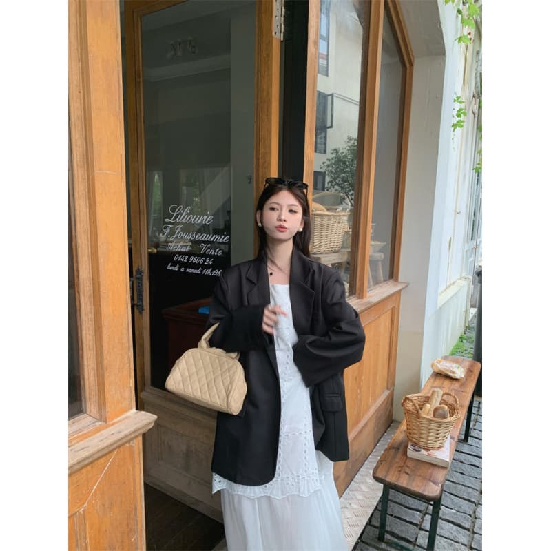 Korean Casual Lazy Drape Black Blazer + Cutout Dress Two-Piece Set for Women