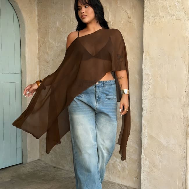 2026 New See-Through Irregular Wrap Blouse for Women Summer Loose Thin Sexy Top for Amazon EU & US Cross-Border