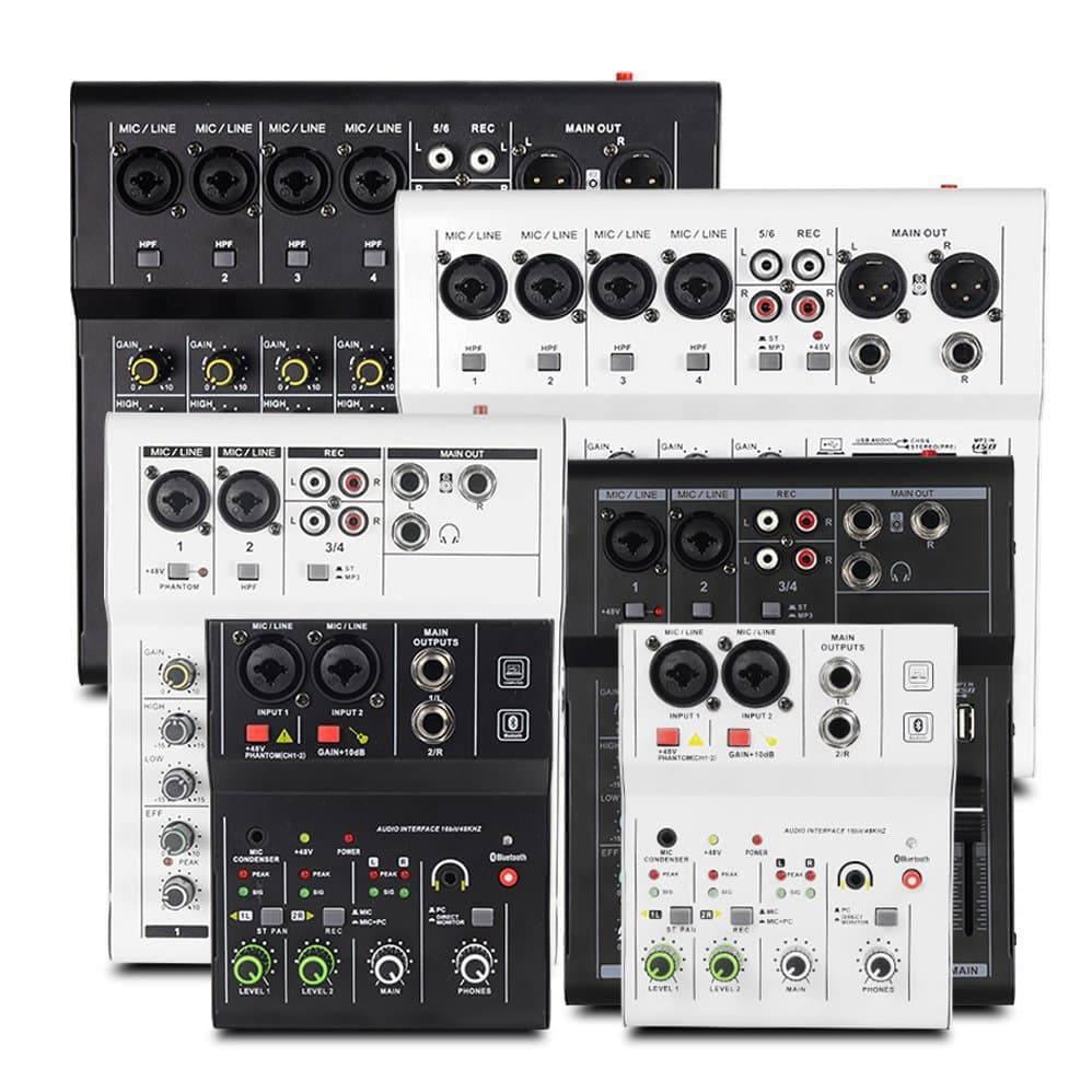 Miniature 2-channel, 4-channel, and 6-channel mixing console with audio interfaces, professional recording sound card, stage performance DJ