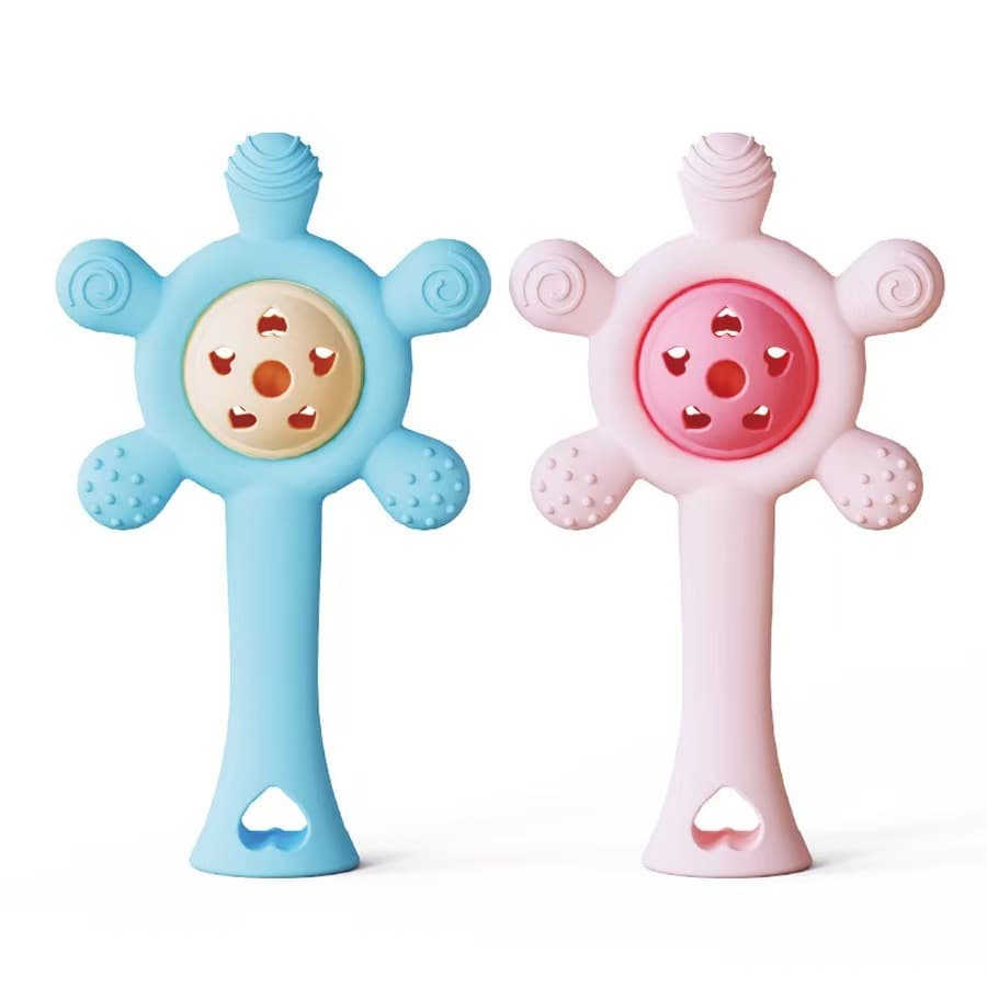 Hand Rattle Teether, Chewable Teething Stick, Soothing Anti-Biting Hand Pacifier, Boilable Baby Rattle Teether