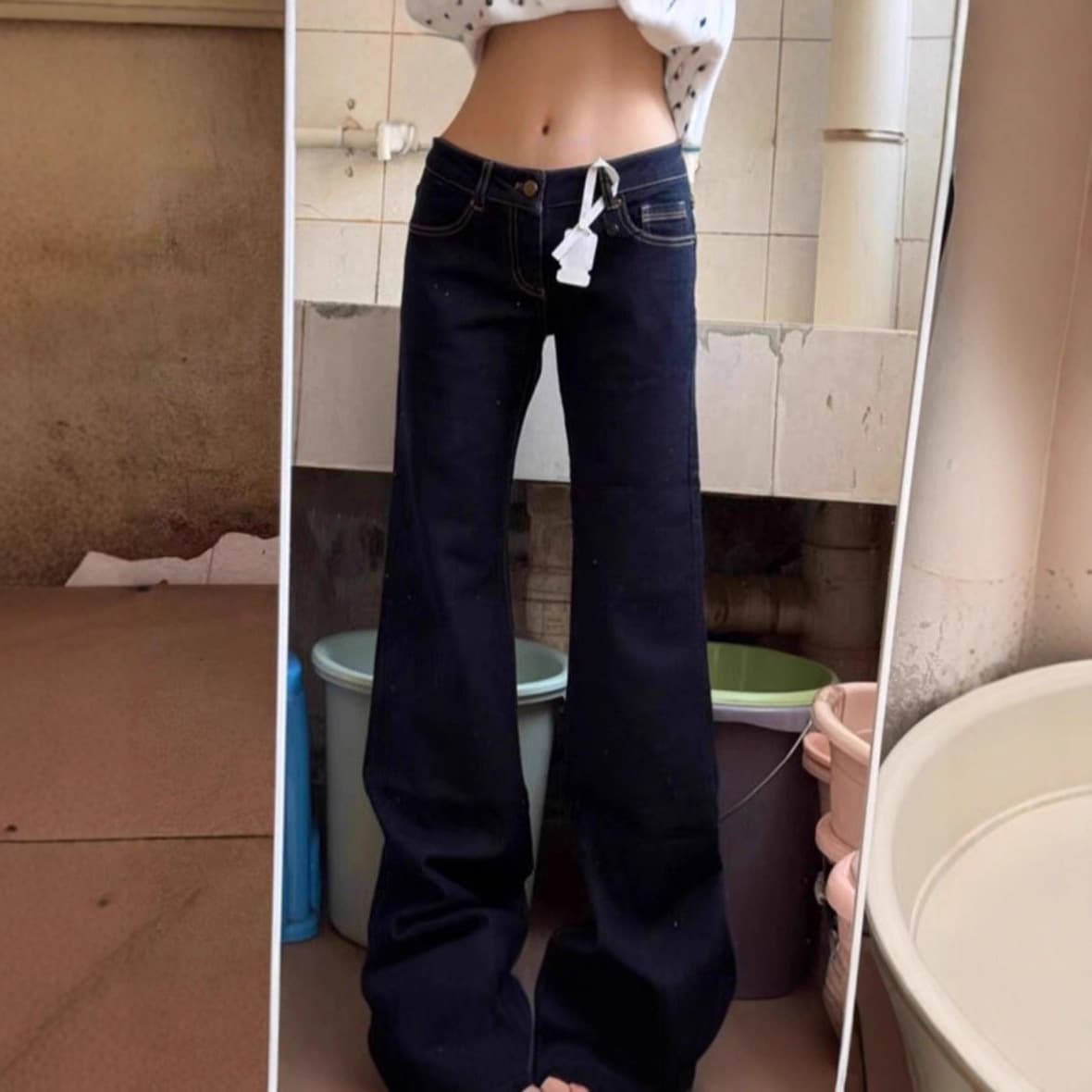 Small American dark blue bootcut jeans for women 2025 new summer and autumn fashionable and versatile low-waisted floor-length trousers