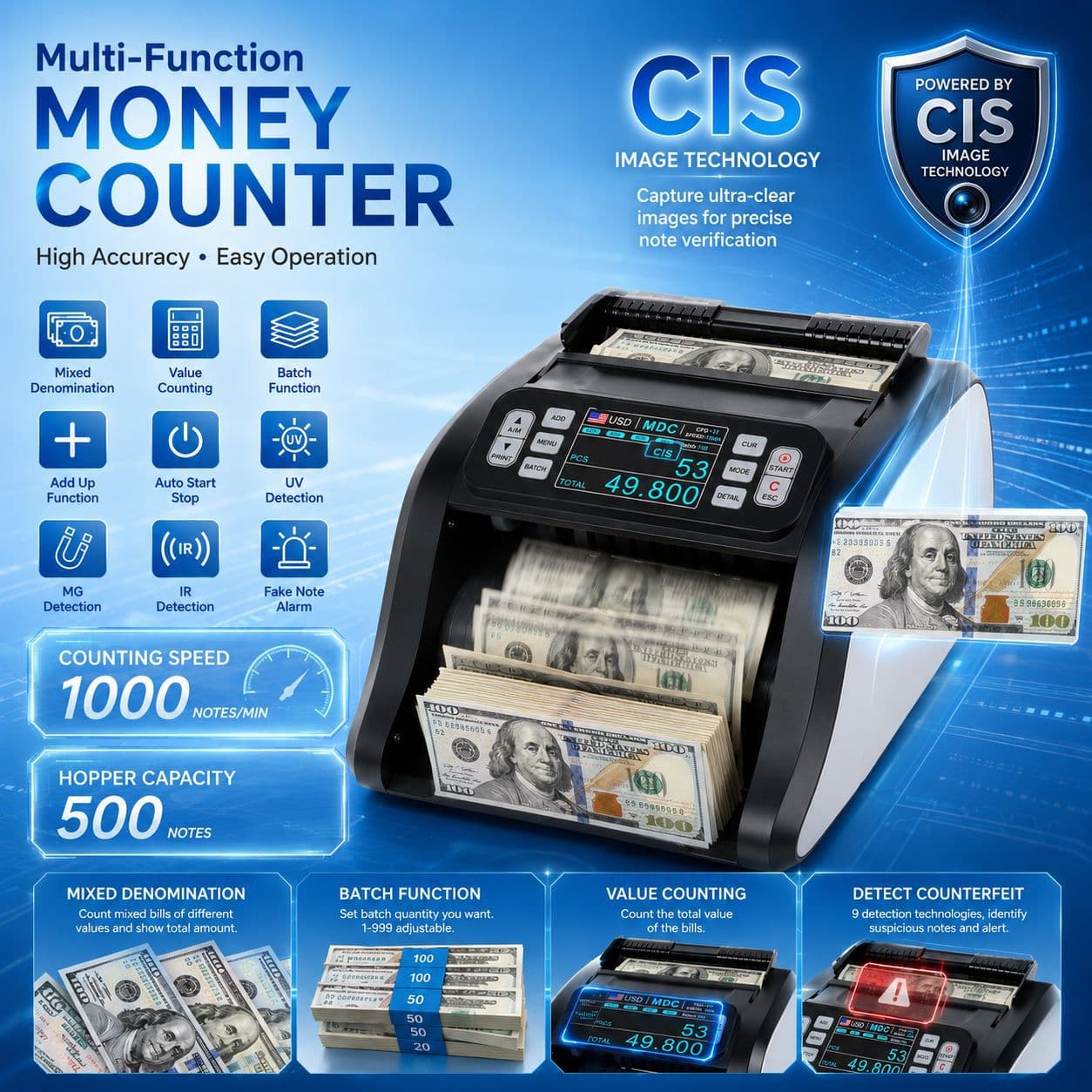 Al-N60D Foreign Currency Single CIS Bill Counter New Model Mixed Value Counting CIS Multi-Currency USD Banknote Detector