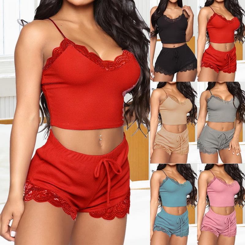 New European and American Sexy Black Loungewear Two-Piece Set Fashionable Comfortable Lace Trim Pajama Set