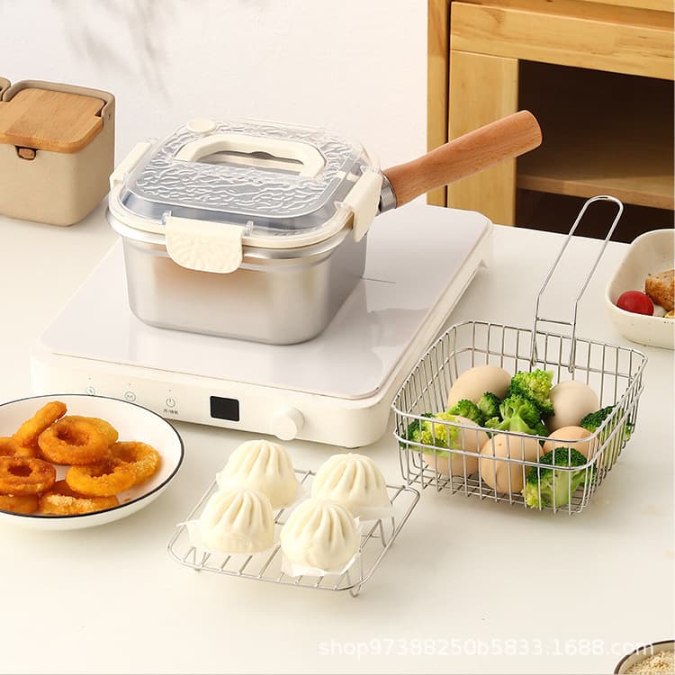 Cross-border Stainless Steel Square Deep Fryer with Lid, Household Large Capacity Sealed Oil Filter Pot, Portable Noodle Cooker with Oil Drain Rack