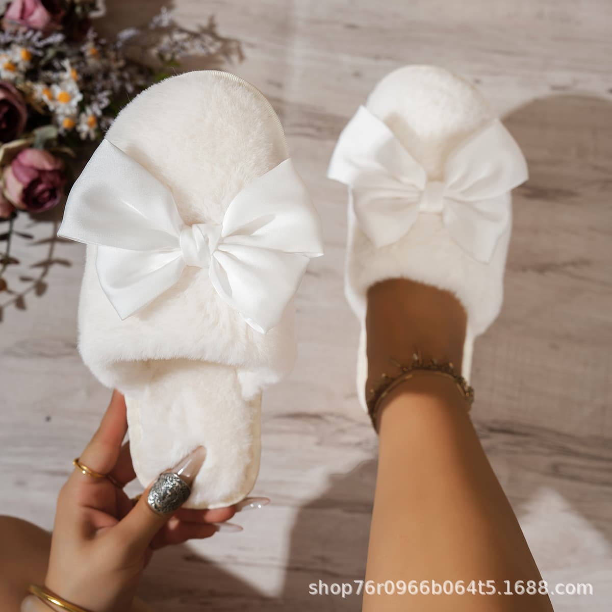 Satin Large Bow Plush Slippers for Women, Autumn Winter Outdoor Fuzzy Slippers, House Cotton Slippers Cross-Border Supply