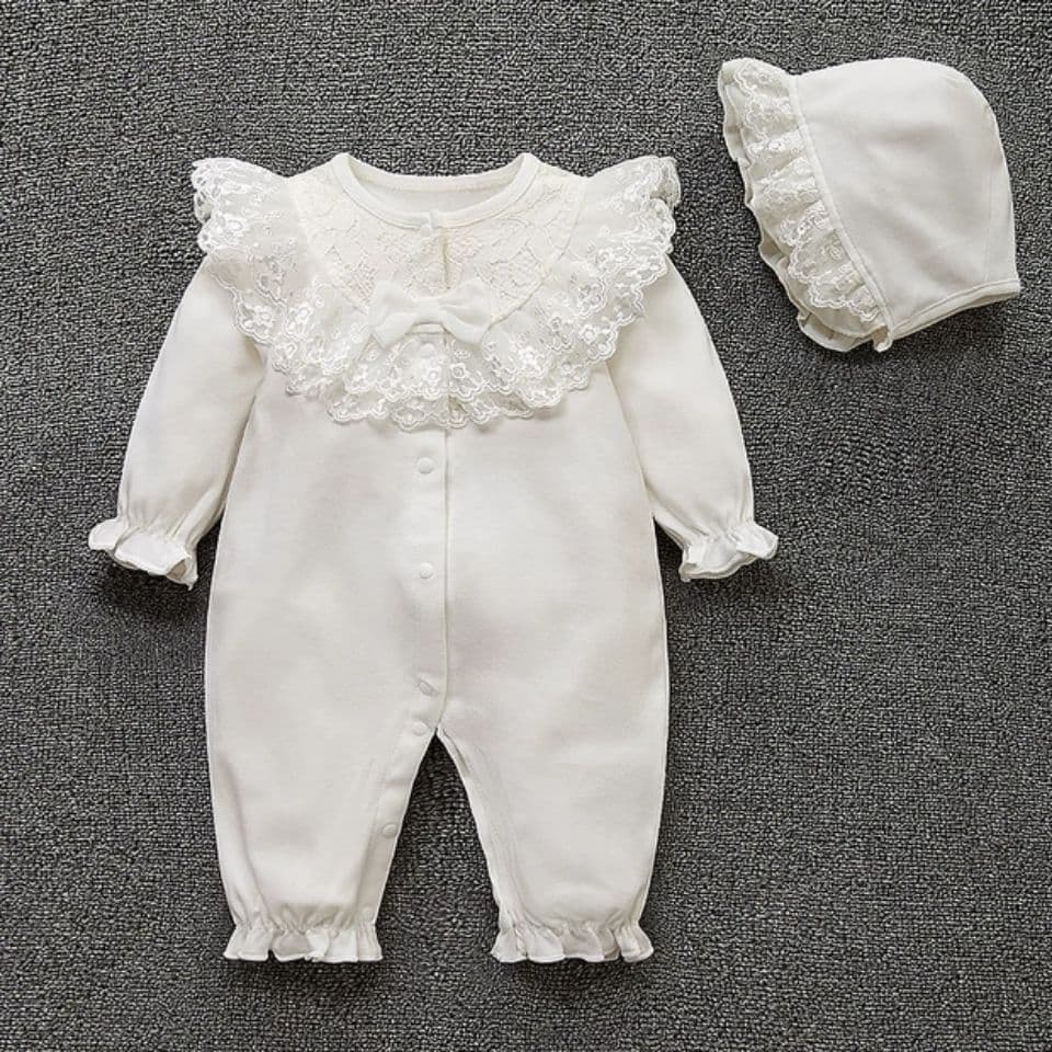 New Baby Romper for Girls, White, Spring/Autumn, Full Moon Photo, Short Bodysuit with Lace Trim, Princess Style, Spring/Summer/Autumn