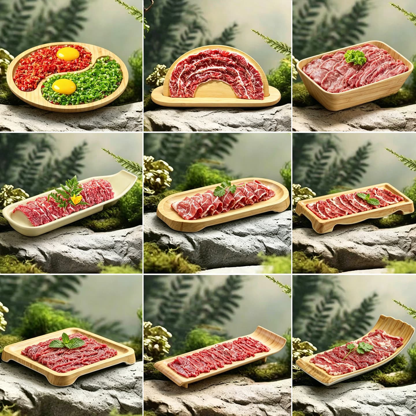 Rustic Trendy Creative Hotpot Restaurant Signature Double Pepper Beef Platter, Tripe Platter, Vegetable & Mushroom Serving Board