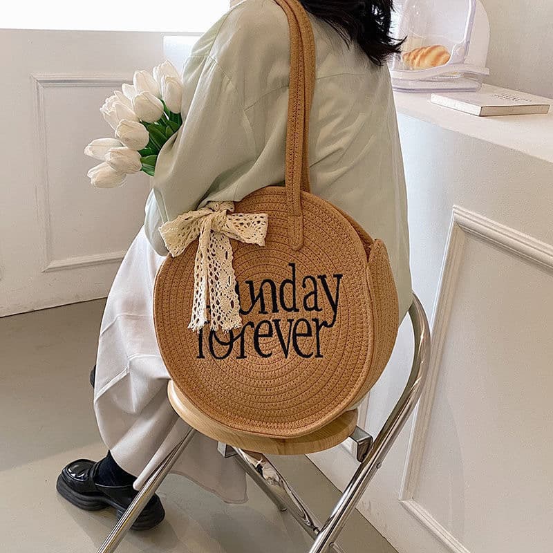 Large Capacity Bag Women 2025 Summer New Beach Woven Bag Embroidered Letter Shoulder Underarm Handheld Small Round Bag
