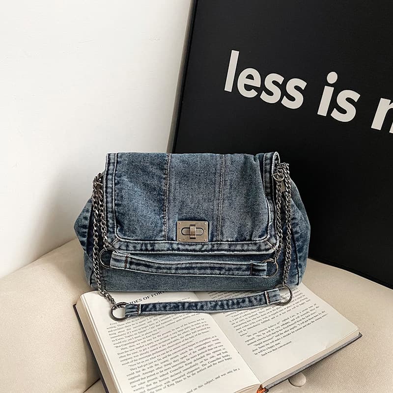 2025 New Cross-Border Supply Rivet Denim Shoulder Bag Women Chain Crossbody Bag Foreign Trade Washed Denim
